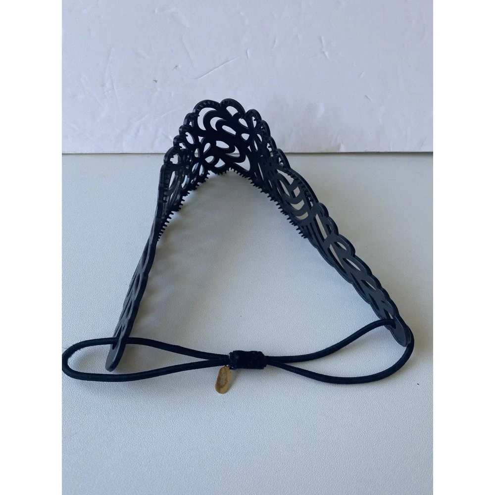 Rachel Weissman Black Filigree Floral Headband Cut Out Elastic Back Grip Teeth